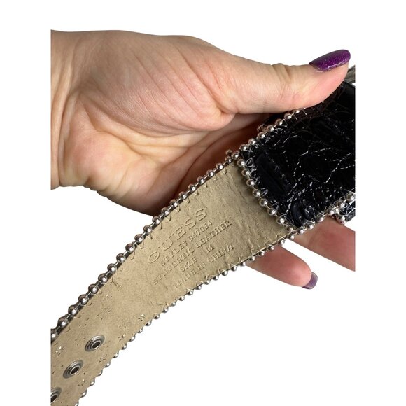 Y2K Guess Black Leather Rhinestone & Studded Belt With Silver Buckle M - Picture 3 of 4